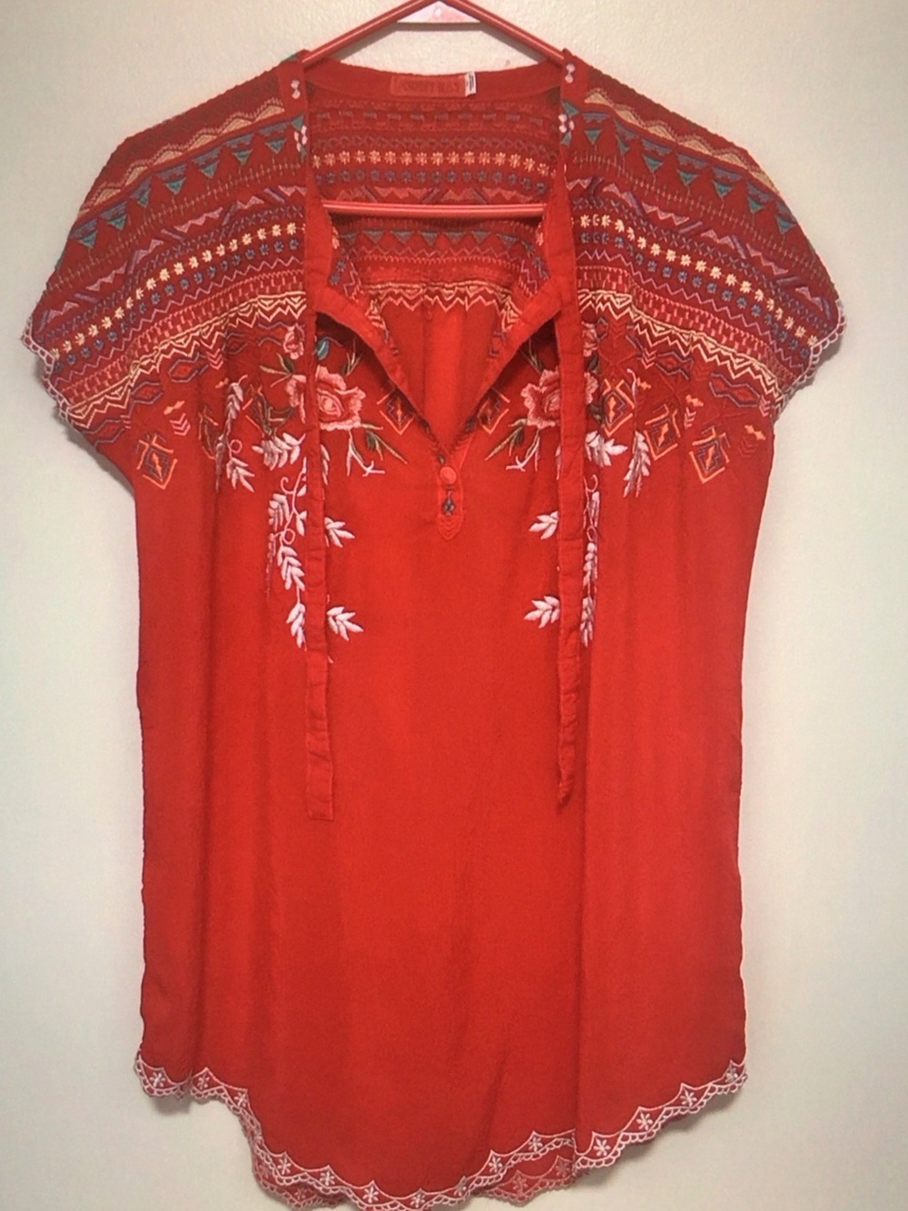 Johnny Was Red Embroidered Boho Tunic